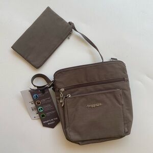 Baggallini pocket crossbody travel bag with RFID portofino color light brown